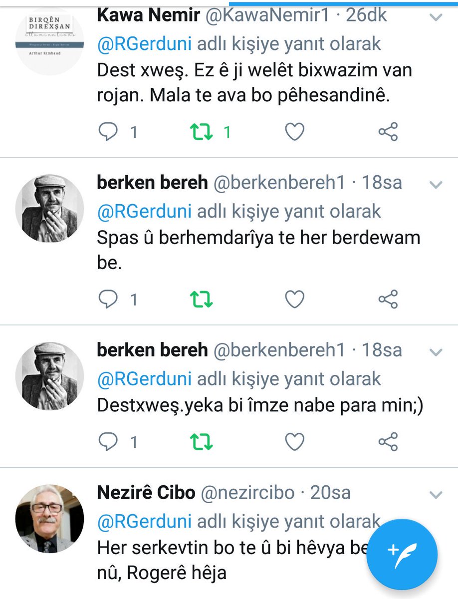 RGerduni's tweet photo. Gelek spas Kawa Nemir, Berken Bereh û Nezîré Cibo, dilé we xweş be. https://t.co/WK5W3X6Sdl