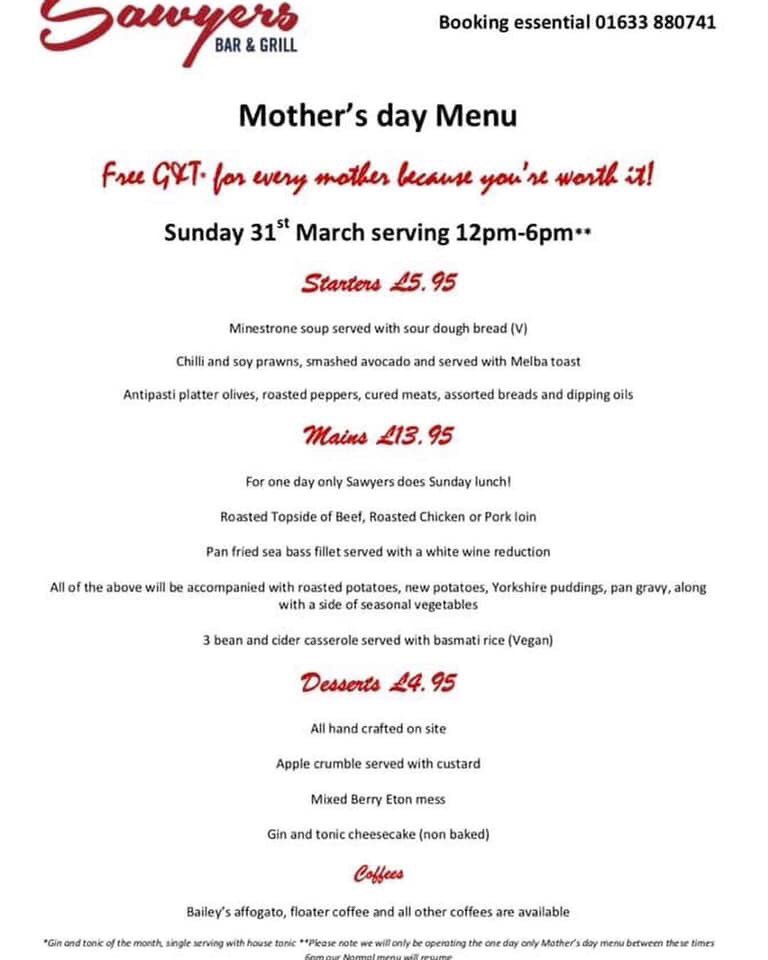 🌸MOTHER’S DAY🌸 Free G&amp;T for Mum* and for 1 day only we’re serving a Sunday Roast 12-6pm 😋 Book now 01633 880741 💕