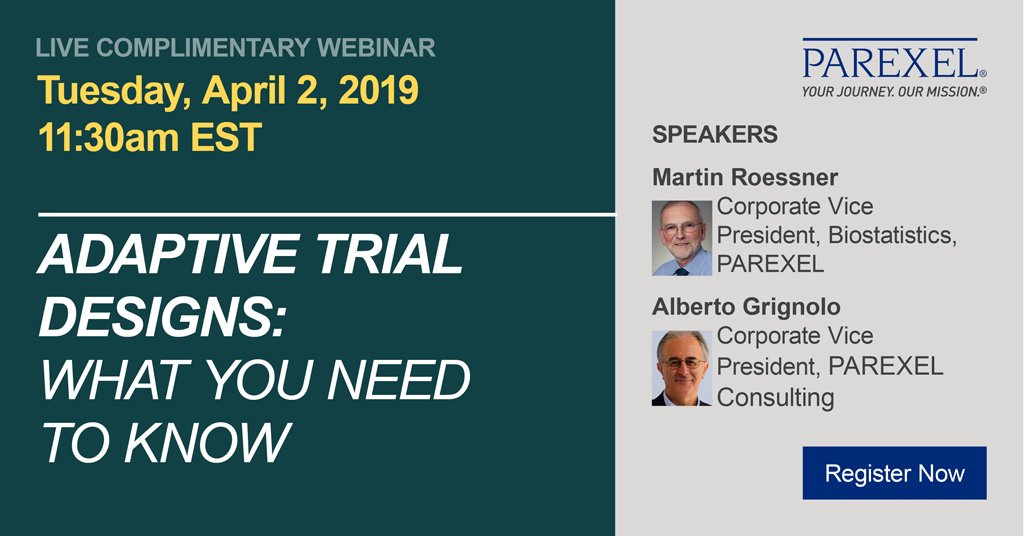 Parexel's tweet photo. Don't miss @DrugInfoAssn's live webinar Apr. 2 featuring discussion from PAREXEL's Alberto Grignolo & Martin Roessner on how #adaptivetrial designs can transform #clinicalresearch methods. Learn more & register here: https://t.co/SmMsFczFNl https://t.co/Y5EU4MQ4lm