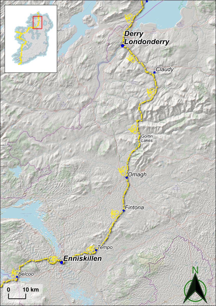 QuaternaryCycle's tweet photo. Another long day in the saddle, c.100 km over the Sperrin mountains to Londonderry! The land between Enniskillen &amp; Omagh is dominated by sinuous esker ridges &amp; mounds that follow deep-seated fault networks. Faults often act as guides for ice flow, even across low lying terrain. https://t.co/l7jXqEG98e
