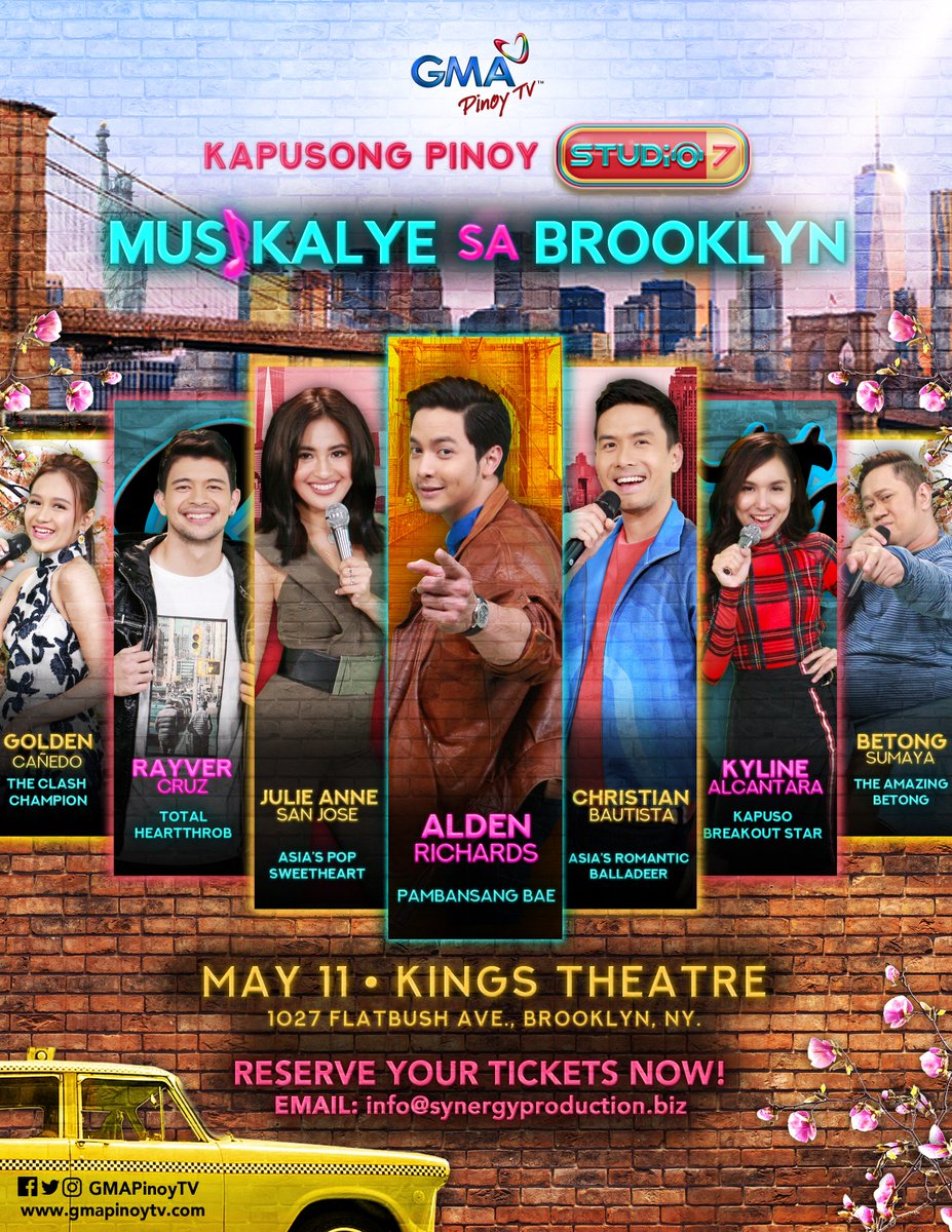 gmapinoytv's tweet photo. Makakasama n'yo sina @xtianbautista , @MyJaps , @RAYVERCRUZ20 , @2002kyline , @GoldenCanedo , @amazingbetong at @aldenrichards02 sa "Kapusong Pinoy Studio 7 Musikalye sa Brooklyn"! This will be on May 11, 2019 at the Kings Theatre, Brooklyn, New York City! 

See you there! 🇺🇸🗽 https://t.co/46vqL323Mj