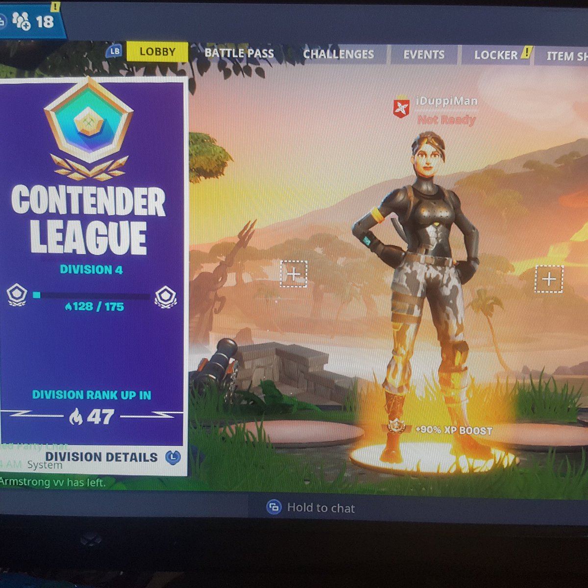 iDuppiMan's tweet photo. After a few games, heading into the champion division soon, maybe I'll see some of ya's there ;) 128 points.

#Fortnite #BattleRoyale 
@SupStreamers @supstreamersrt2 
#FortniteLife #SupportSmallStreamers #fortniteclips #FortniteBR #FortniteSeason8 https://t.co/JjYRNEJtlY