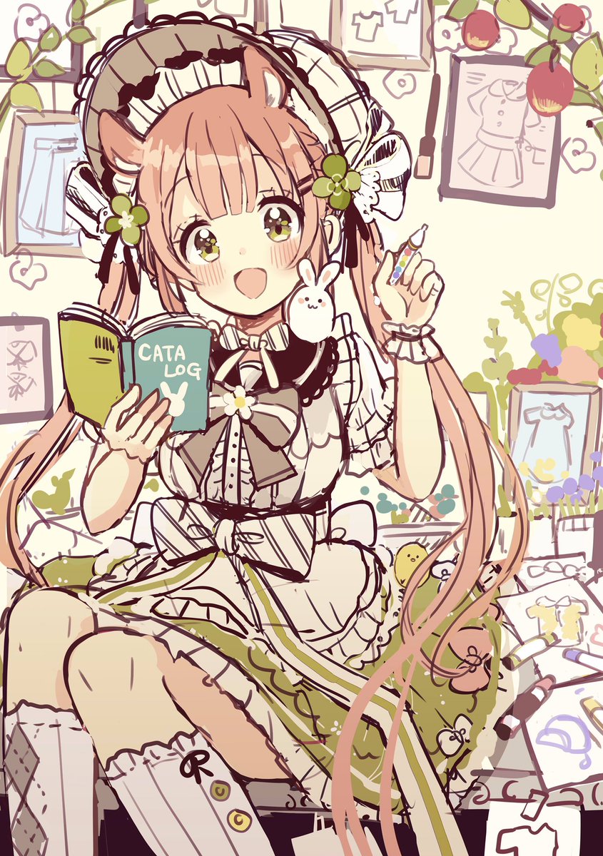 佐倉おりこ 初個展開催中 すいんぐ３巻 四つ子１巻発売中 現在執筆中のイラスト 技法書の表紙になる予定のラフです 前作の表紙が水色と黄色の配色だったので 今回はピンクと黄緑 系でまとめてみました 順調にいけば6月頃に発売できる予定です