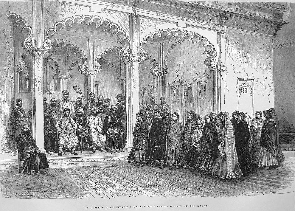  #Nautch or Dancing Girls at Court of Raja of  #Oodeypore,"  #Udaipurwood engraving, 1875disciplined? or to show richness of  #daubar  #Artists(numbers)as in Jaipur they had Gunikhana-similarly Rajas used to patronize, a status symbol http://columbia.edu 