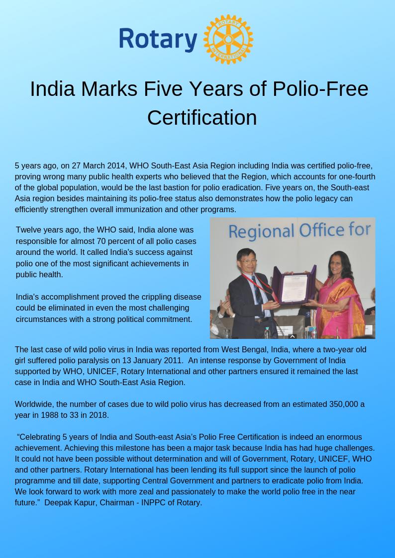 IndiaPolioPlus's tweet photo. @WHOSEARO region including #India Marks Five Years of Polio-Free Certification on 27 March 2019 #PolioFree #EndPolioNow #EndPolio https://t.co/DgKT7gLwOb