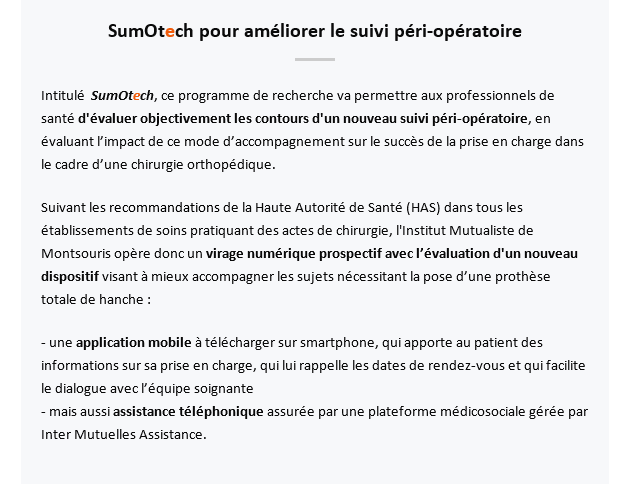 FondationAvenir's tweet photo. [#FocusESanté] - Dans cette dynamique de transformation des pratiques  par la #esanté, il y a notamment #SumOTech  (SUivi Mobile et TEléphonique de la Chirurgie de la Hanche), programme porté par @FondationAvenir ,@GroupeIMA @IMMontsouris &amp; @Matmut  | https://t.co/NMswX1j5kE https://t.co/JvvCuemTl3