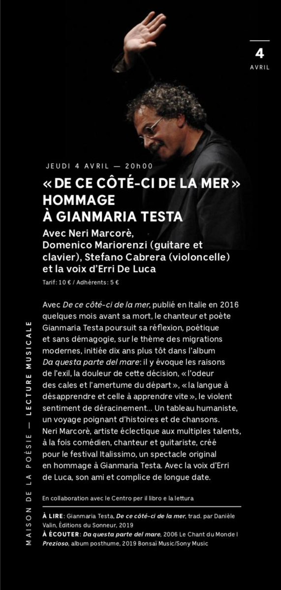 a #Paris #Maisondelapoésie, une soirée dédiée à #GianmariaTesta avec #MeriMarcoré #ErrideLuca, le 4 avril h.20 #dececotecidelamer #leséditionsdusonneur #migrations