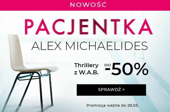 TanieCzytaniePL's tweet photo. ❗️❗️NOWOŚĆ❗️❗️@wydawnictwo_wab
Pacjentka - Alex Michaelides w proomocyjnej cenie.
➡️Link do promocji: https://t.co/HNiSVvy6C5
Czas trwania promocji: do 29 marca 2019
Foto: Virtualo @VirtualoEbooki
#virtualo
#wydawnictwowab https://t.co/0BUZpGnIbs