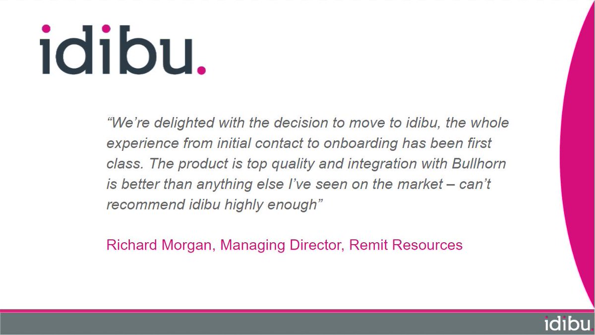 idibu's tweet photo. Some fantastic feedback from @RemitResources about our superb integration with @Bullhorn. It's great to have you onboard! #recruitmentsoftware #idibu #bullhorn https://t.co/b8L8fsgvi7