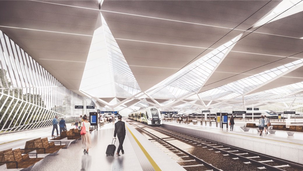 PKP_PLK_SA's tweet photo. #Warszawa – projekt przebudowy linii średnicowej. Warszawa Wschodnia – dla podróżnych zmienią się perony. Zadaszona hala peronowa = komfort korzystania z kolei. Dostęp do pociągów bez barier zapewnią min schody ruchome i windy. Więcej wizualizacji➡️https://t.co/QtK5PsfzWc https://t.co/ntEOz4ul83