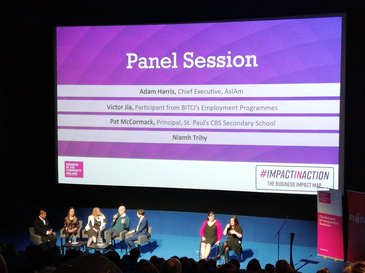 Lisdare's tweet photo. A great panel discussion today at @BITCIreland's launch of the annual Impact Map. These fantastic speakers are highlighting #ImpactInAction and the importance of company involvement. We're at full employment but unemployment for ppl with disabilities is at 80%. https://t.co/wh5f7QvcsE