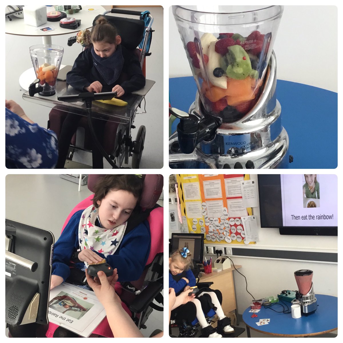 ericasmith2019's tweet photo. @Highfurlong’s communication group using the @TobiiDynavox Core Fist Books til teach ‘want’. They read Eat the Rainbow and made a lovely fruit smoothie using their words #corefirst #AssistiveTechnology #wirelessswitch @InclusiveTechUK @JoenAAC https://t.co/CUGurMkGb7