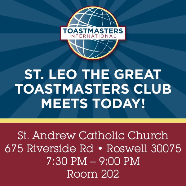 Happy Thursday members and guests! We have an open slot for a speaker tonight if anyone is interested! Looking forward to a fun meeting! See you all this evening! <a href="/archatl/">Atlanta Archdiocese</a> #stleothegreat #roswelltoastmasters #publicspeaking