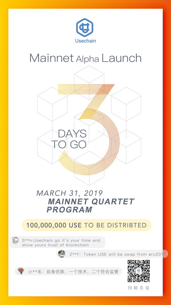 usechain's tweet photo. #Usechain Mainnet (alpha) Launch Countdown π£ π£ π£
3 Days to Kick Off π π π
Time is getting closer, we are busy on getting everything prepared, excitedπͺπͺπͺ
#blockchain #cryptocurrency #token #Mainnet https://t.co/zpr6fXpe1L