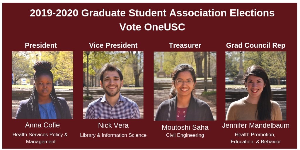 JenMandelbaum's tweet photo. Voting for @USCGSA elections is open from 9am today to 5pm tomorrow!

Please vote for:
President: Anna Cofie
VP: Nick Vera
Treasurer: Moutoshi Saha
Grad Council Rep: Jennifer Mandelbaum

To learn more about us, visit https://t.co/GlljVvhXaW
Vote at https://t.co/Pop7Mv03qA
#OneUSC https://t.co/4fJT4hVr84