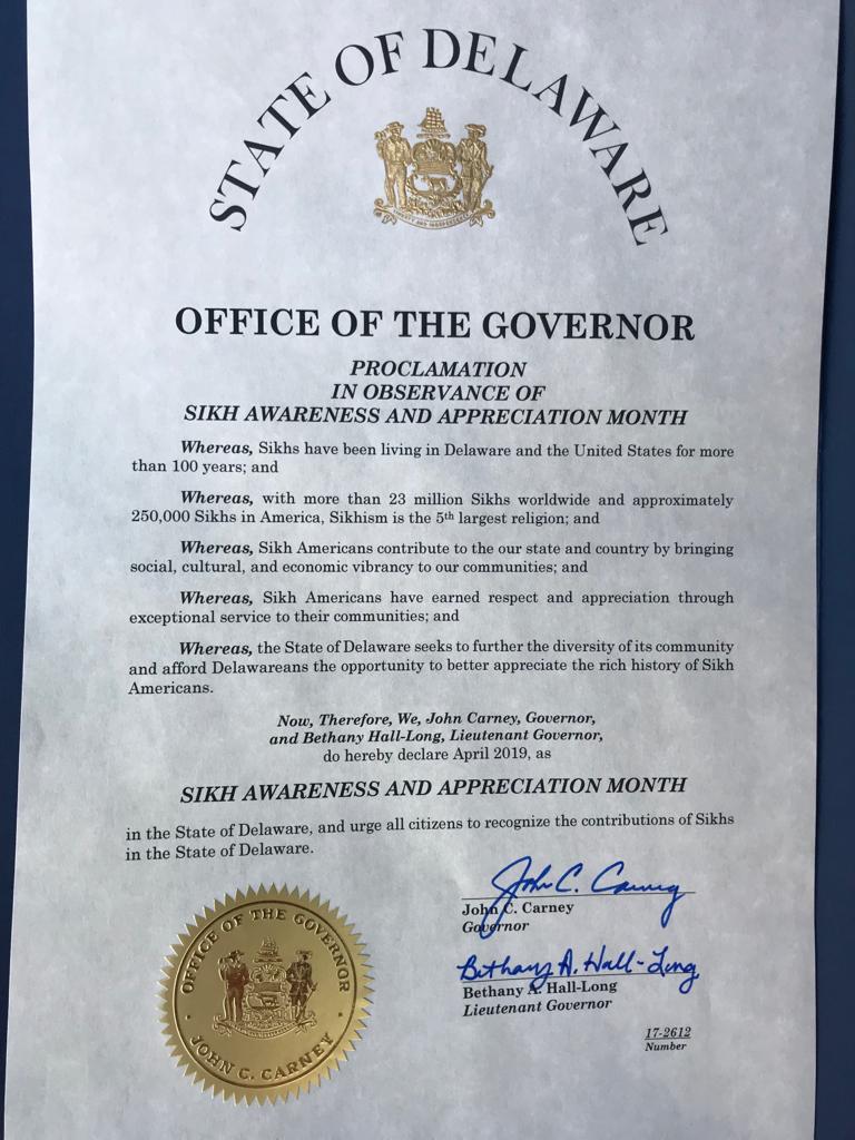 Delighted to know that the State of #Delaware, US have named the month of April as 'Sikh Awareness and Appreciation Month'. The proclamation recognizes the contributions Sikhs have made throughout the country.
#ProudSikh #Sikhism #SikhAwarenessMonth #SikhAppreciationMonth #Sikh