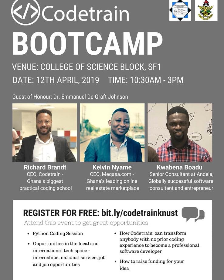 codetraingh's tweet photo. Codetrain presents Codetrain Bootcamp @ KNUST, in collaboration with @amss_knust. Meet us there if you're in Kumasi! #codetrain #appdevelopers #codeschool https://t.co/3x5MaWJ0Dr
