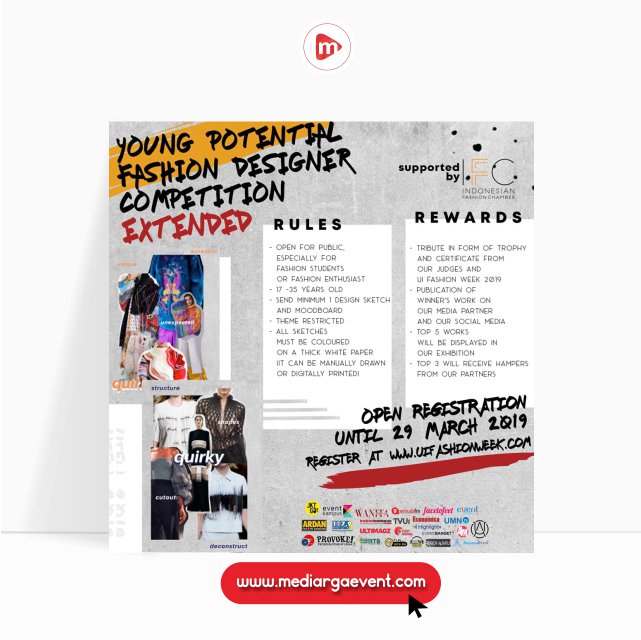 mediargaevent's tweet photo. [COMPETITION]  
--  
UI Fashion Week 2019 
https://t.co/7T371B7BbE
-- 
#events #startup #Competition #Trending #BREAKING #news #MakeYourEvent #Mediargaevent https://t.co/MZQTcP9XwK