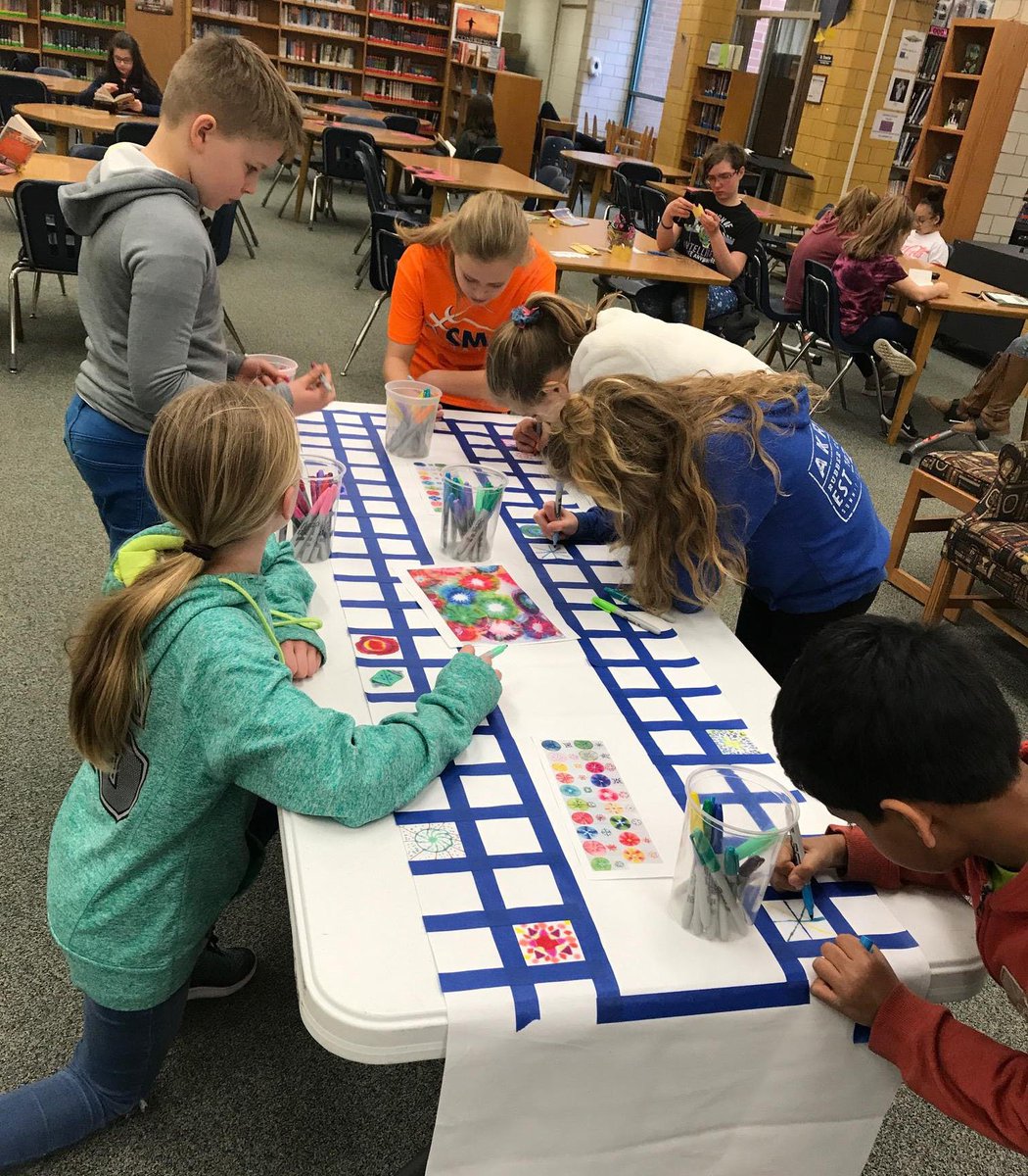 cfcsmc's tweet photo. CFMS students are making new banners for the Media Center using Sharpie Markers. They are blending the colors together using rubbing alcohol to make a watercolor effect. A fun lesson on solubility, color mixing, and the movement of molecules! https://t.co/nNk00dxsnb