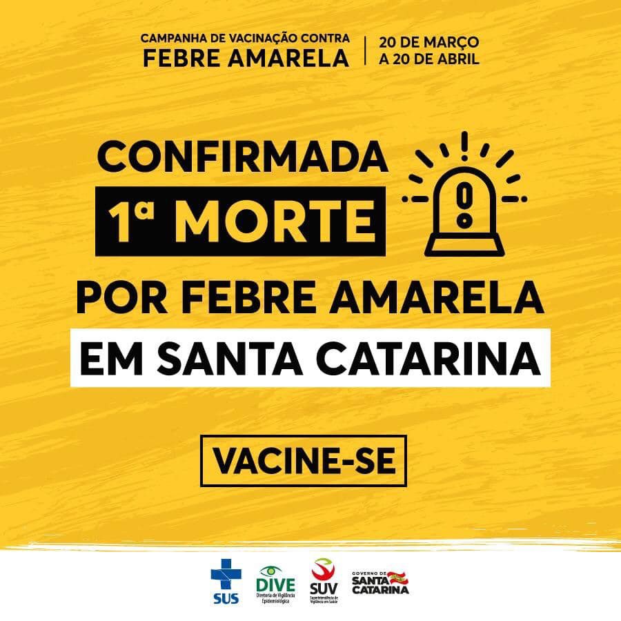 GovSC's tweet photo. ‼️CONFIRMADA PRIMEIRA MORTE POR FEBRE AMARELA EM SANTA CATARINA‼️
A única forma de prevenir a febre amarela é com a VACINAÇÃO!!! 💉 Vá até um posto de saúde mais próximo e vacine-se! 
Mais informações 👉🏻 https://t.co/vdKRUTi8oN 
#GovernoSC #SaúdeSC #DIVESC #FebreAmarela https://t.co/c7FPJIh1aR