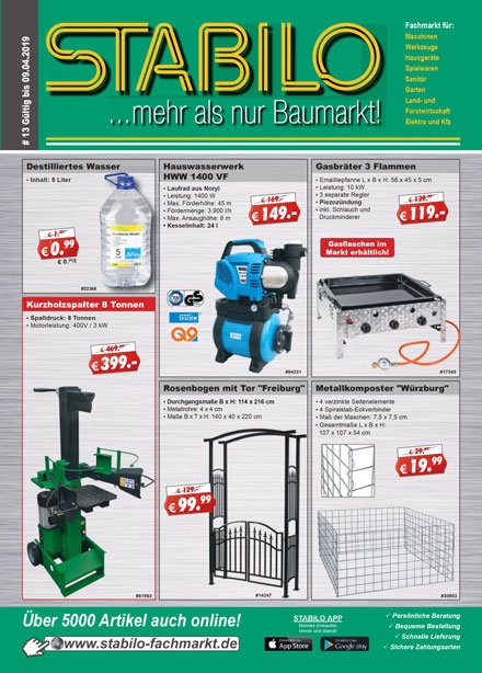 Stabilo Werbeprospekt KW13 - gültig vom 26.03.19 bis 09.04.19.  Die Angebote aus unserem neuen Werbeprospekt sind online:  stabilo-fachmarkt.de/aktuelle-werbu…