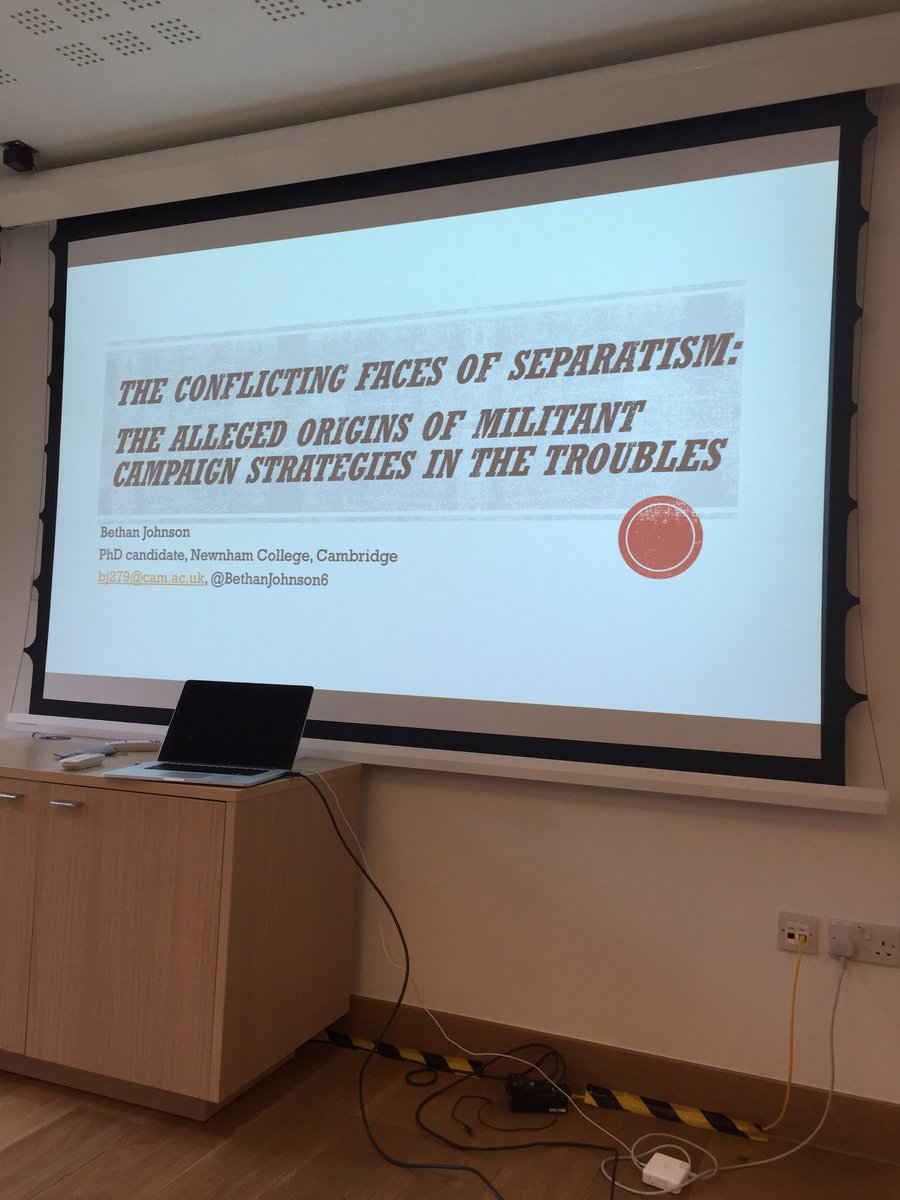 MIH_Cam's tweet photo. @BethanJohnson6 starting off her paper on the alleged origins of militant campaign strategies in the troubles #mih19 #cultpol https://t.co/ITyfbaA3vR