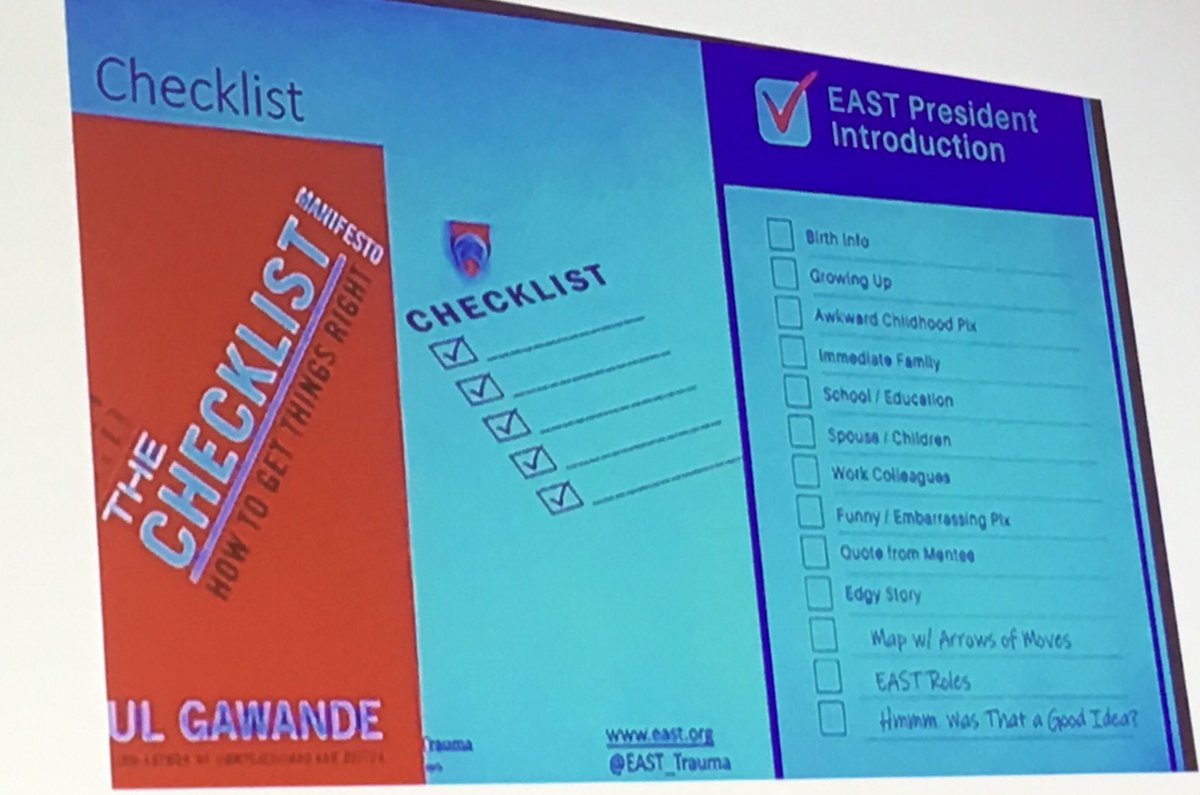 elliotthaut's tweet photo. Imitation is the sincerest form of flattery. Love that Sean Elwell used my @EAST_TRAUMA presidential intro checklist at #TraumaCon2019 @SocTraumaNurses for Prez intro of @SarahMattocks2 #TraumaCon19 #TraumaCon https://t.co/fsd9RKOjav