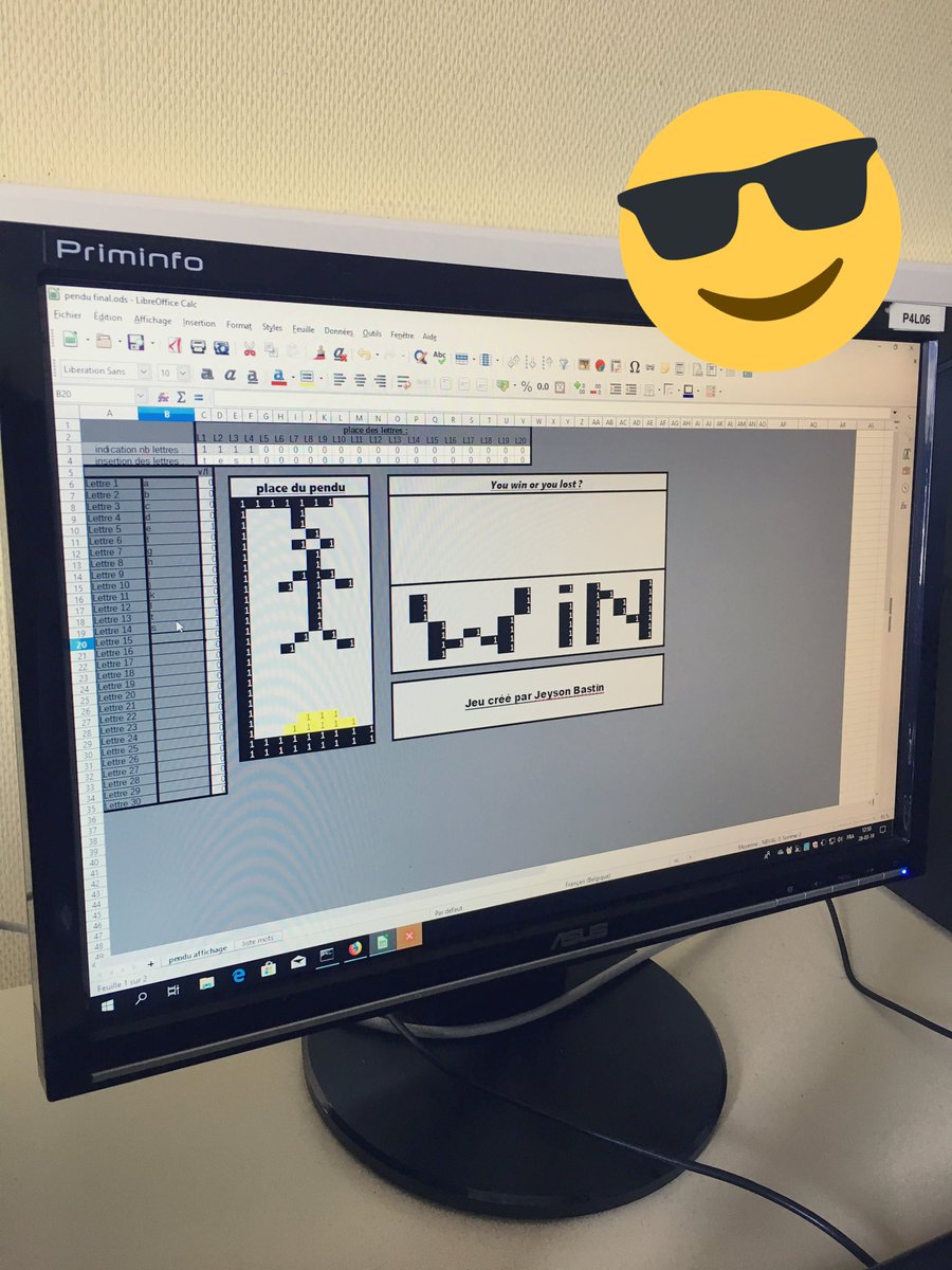ttindbertrix's tweet photo. Le jeu du pendu entièrement réalisé dans un #tableur (@libreoffice)! Sélection aléatoire d’un mot dans une liste prédéfinie, test de la validité des lettres insérées, indication du nombre de lettres du mot à compléter, tout automatisé ... #5TT @jeysonbastin https://t.co/h7LzIrv6qS
