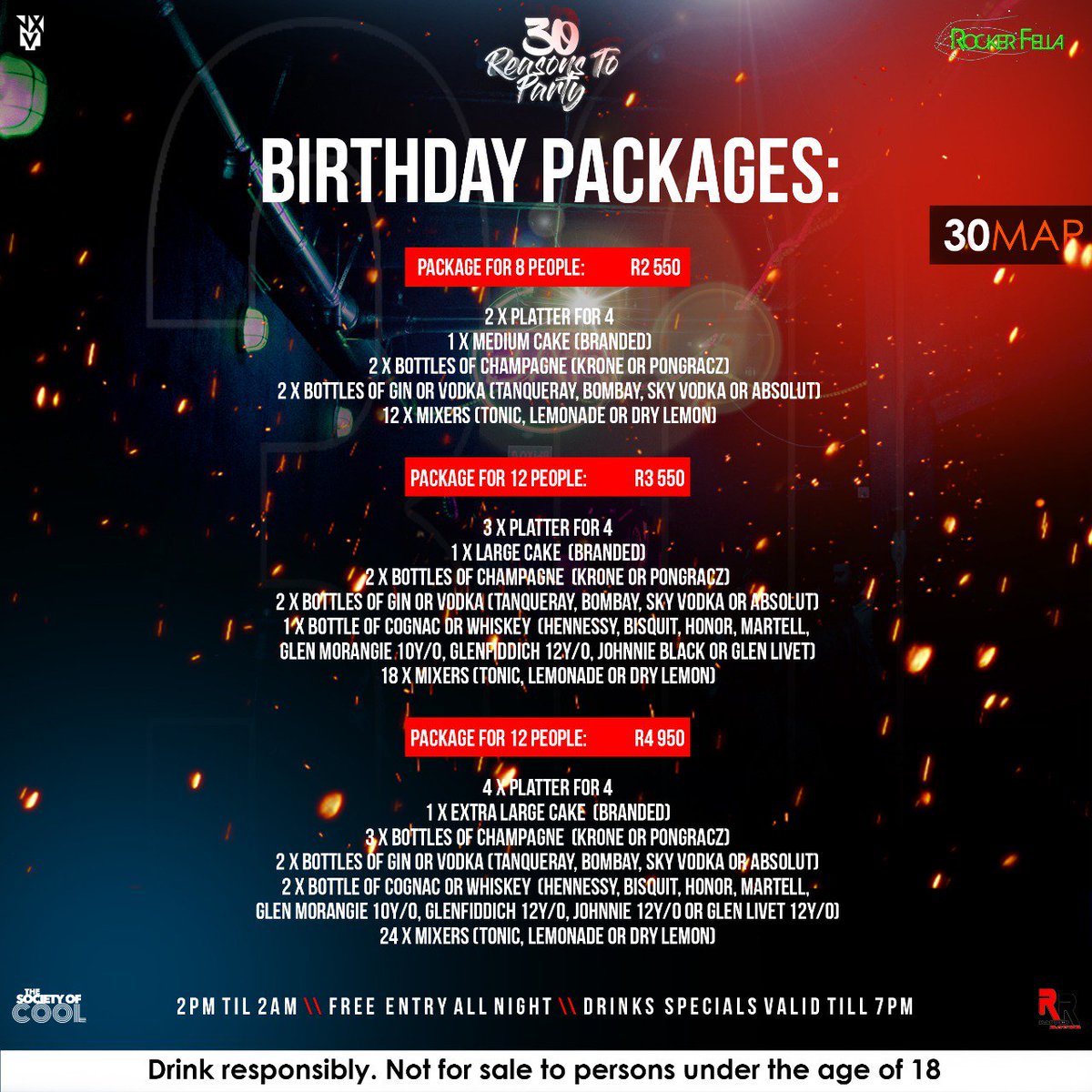 societyofcool's tweet photo. 📢 MARCH BABIES 📢

Come and celebrate your birthday with us... Check out our packages 🎂🍷

🎉 #30ReasonsToParty
📆 Saturday 30th March 2019
📍 @Rockerfella_SWT

🙌🏽 x 30 https://t.co/QsGB3a5OcH