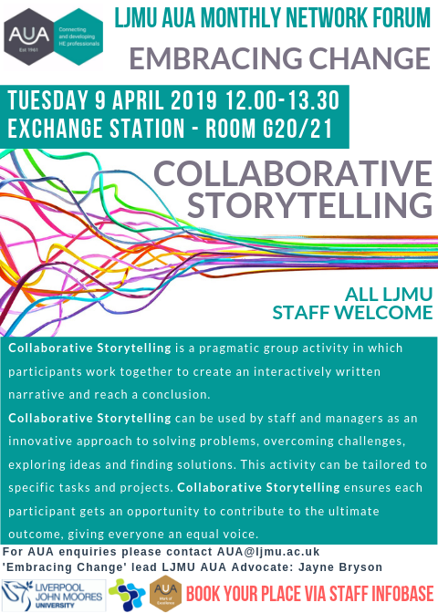 AUA_LJMU's tweet photo. Looking forward to April's LJMU AUA Network Forum for @LJMUstaff on #EmbracingChange, where we'll be doing Collaborative Storytelling! There'll be a taster of our Forum's CPD activities for #HE colleagues during our @The_AUA Annual Conference session #WorkingSession214 #AUA2019 https://t.co/tsad3EilRL