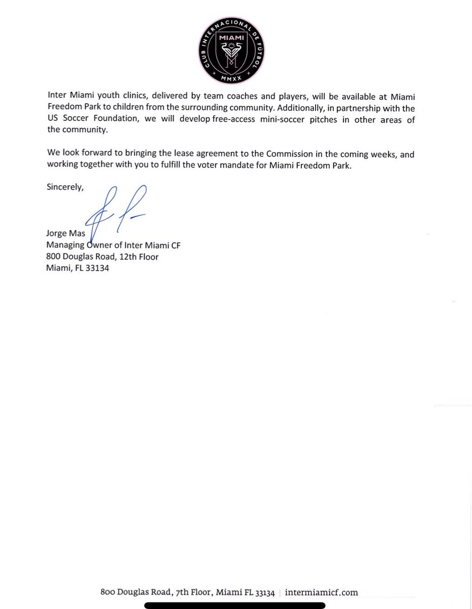 joeflech's tweet photo. New: @Jorge__Mas sent this letter to @CityofMiami commissioners &amp; @MiamiMayor yesterday afternoon. Says @InterMiamiCF remains committed to Miami Freedom Park, says he wants to bring lease to commission in coming weeks, website will soon launch where community can comment on plan https://t.co/tszRKfxjq6