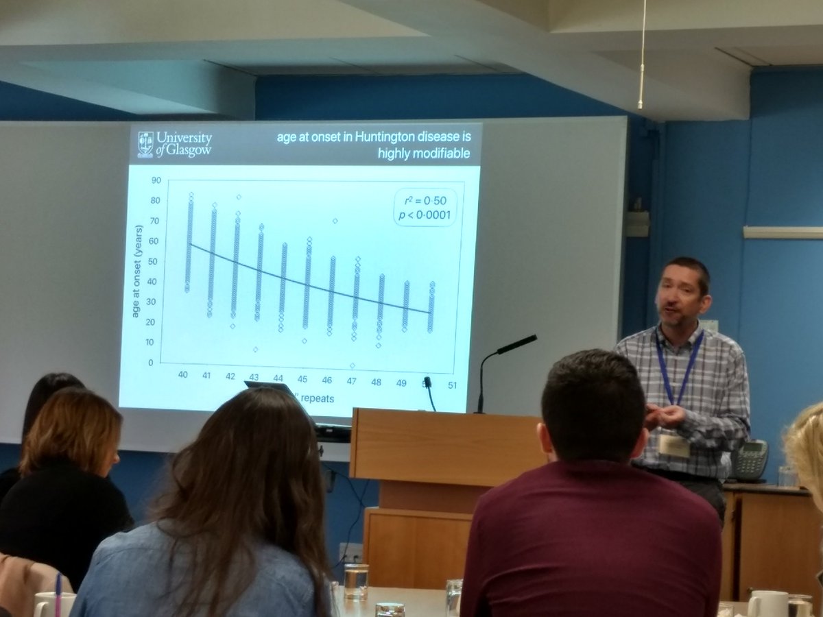 shayouth's tweet photo. Professor Darren Moncton, University of Glasgow, gives a fascinating overview of somatic expansion, age of onset and whether in future genetic testing should include entire glutamine structure and not just CAG repeat. #HDRes19 https://t.co/yo6ag6wS3Q
