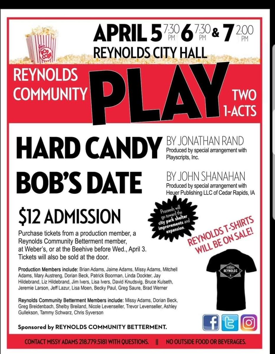 Another fun weekend of Reynolds community plays coming soon!! get your tickets ahead of time by contacting a cast member or Nicole Levenseller! 😁 See you there!