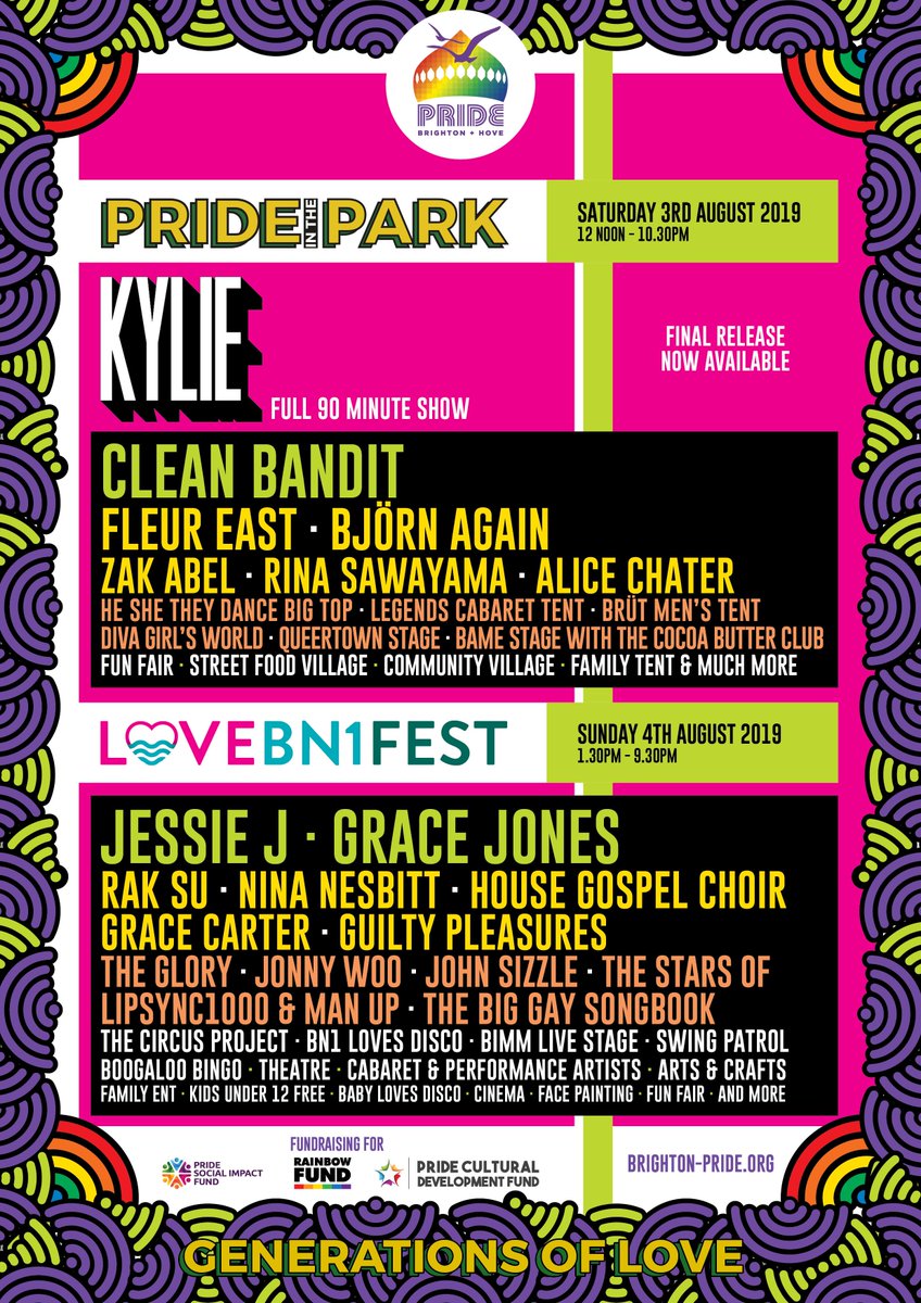 PrideBrighton's tweet photo. Excited to announce more artists to the weekend line-up ... @kylieminogue @cleanbandit @JessieJ @Miss_GraceJones @FleurEast @RakSuMusic @ZakAbel @NinaNesbitt @RinaSawayama @AliChater @BjornAgainAU @HouseChoir @ItsGraceCarter @HeSheTheyMe @BrutLondon @DIVAmagazine @TheGloryLondon https://t.co/TubLIhBqVB