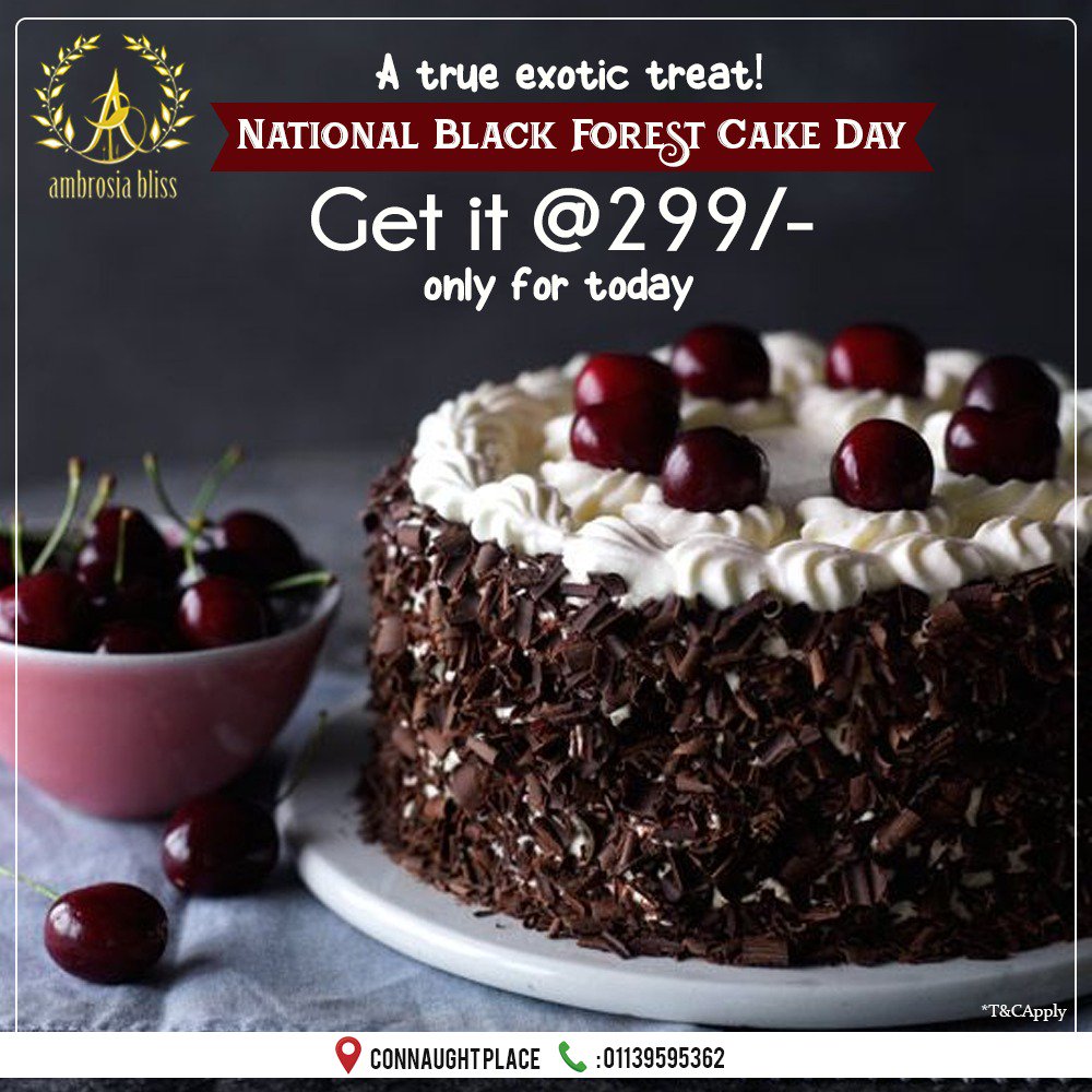 Ambrosiabliss1's tweet photo. And what a treat it is, rich layers of chocolate sponge cake mortared together with a flavorful whipped cream and assortment of cherries. 

Do we need to say more? 

#NationalBlackForestCakeDay from Team #AmbrosiaBliss #ConnaughtPlace https://t.co/APwMuu2CRY