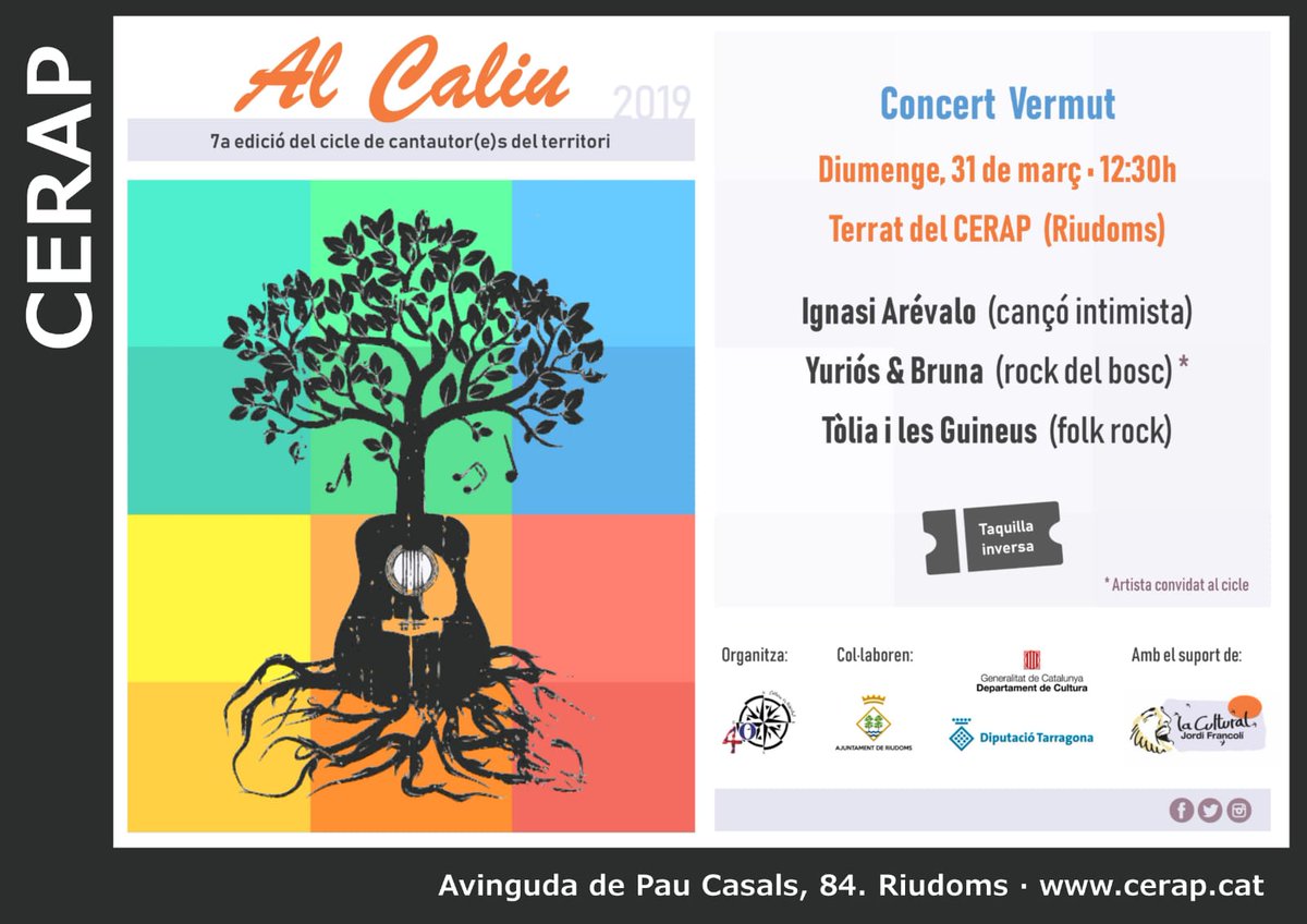 al_caliu's tweet photo. El cicle #AlCaliu2019 segueix aquest cap de setmana, aquest cop a #Riudoms! ☀️

Aquest diumenge 31 de març no us perdeu el concert vermut que oferiran @ignasiarevalo, Yuriós &amp; Bruna i Tòlia i les Guineus! 

Serà a les 12:30h al terrat del @CERAP_Riudoms! https://t.co/jlb8PyFkg5