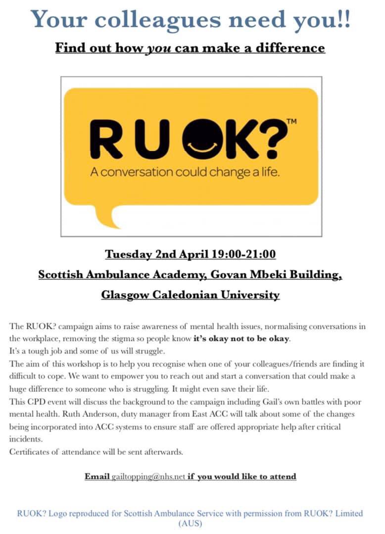 SASEPDDWest's tweet photo. @Scotambservice #CPDNetwork Is proud to host the #RUOK Campaign @scotambacademy @GCUSHLS. Another excellent opportunity to see this popular roadshow. #mentalheath #ruok #smha @TASCharity #crewroomdebrief #lookingaftereachother @ParamedicsScot #ItsOkNotToBeOk https://t.co/xzY5qO6q2P