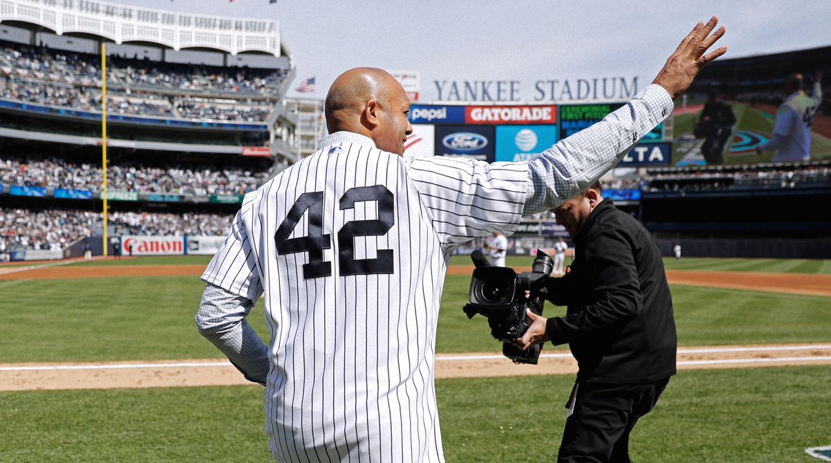 Yankees's tweet photo. Today's #OpeningDay pregame festivities included:
- National Anthem from actor and Broadway star @AaronTveit.
- Colors presented by West Point Cadet Color Guard.
- First pitch from Hall-of-Famer Mariano Rivera.
- Yankees player and personnel baseline introductions. https://t.co/cNSr3tq8tz