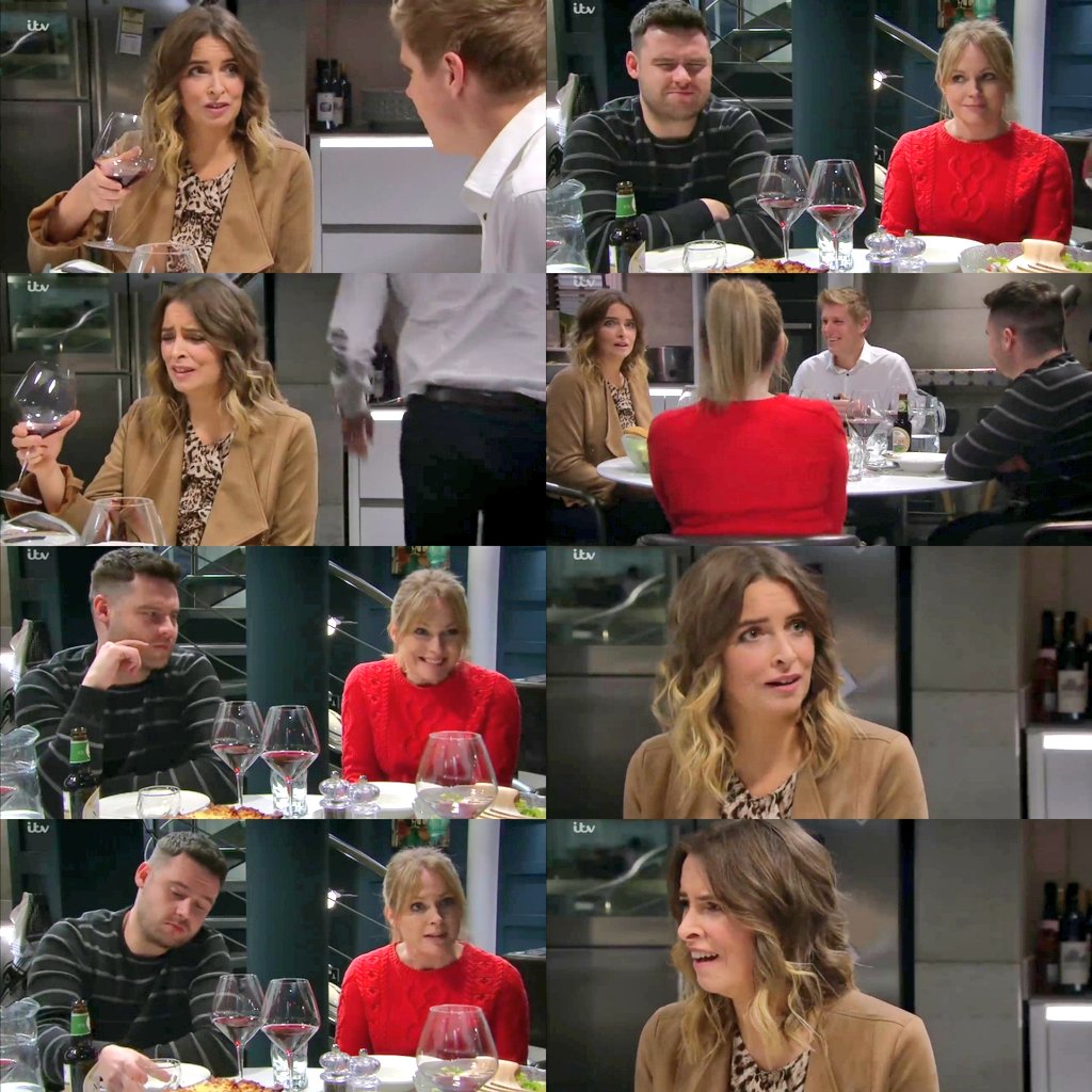 Parkiewolf's tweet photo. 26/3/19 P3 - Vanity &amp; Robron dining was hilarious🤣 Vanessa &amp; Aaron's boredom over Robert &amp; Charity talking business was so funny, loved having them interact💖 Vanessa worried as Charity celebrated her success😬

#CharityDingle #VanessaWoodfield #Vanity #VanityFamily #Emmerdale https://t.co/IQn0Jh4UCh