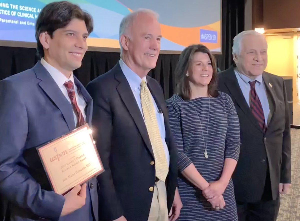 ASPEN_nutrition's tweet photo. It’s never too early for an #ASPEN19 #TBT! Dr. Dudrick is pictured here with the 2019 Stanley J. Dudrick Research Scholar Award recipient Jose Mario Pimiento, the first ever award recipient, John Miles, and 2018 recipient, Gail Cresci. #nutritionresearch https://t.co/yixKualmne