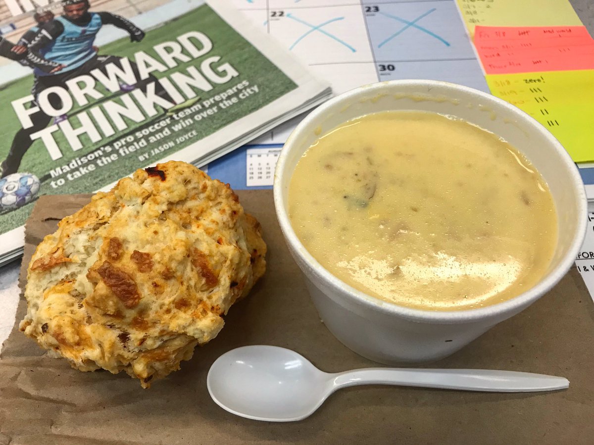 emmebellini's tweet photo. It’s Capital Times Wednesday! Today’s lunch break has been brought to my mouth by Capital Takeout and their Loaded Baked Potato Soup and spicy cheddar biscuit. 🤤
.
.
Seriously. Their soup. Drool.
.
.
#capitaltakeout @CapTimes #CapTimes #keepitlocal #Madison #Wisconsin https://t.co/0MsMkPdeQV