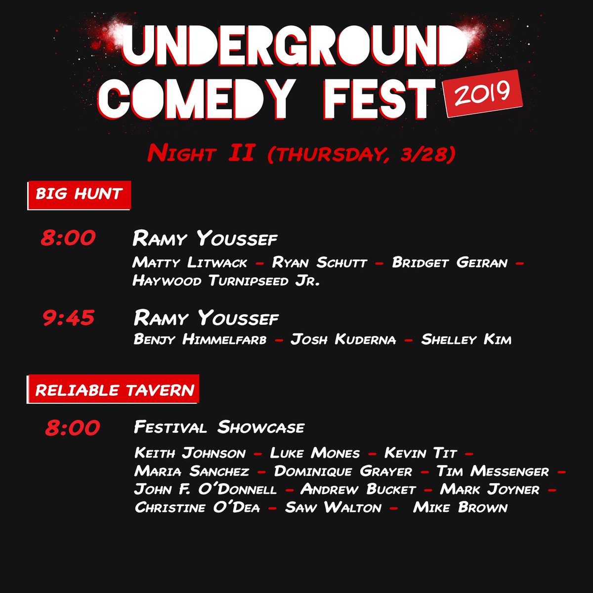 Opening night was amazing. Standing room only. Super hot shows. Thanks to everyone who came through last night.

The fest is FAR from over. Tonight we got <a href="/ramy/">ramy youssef</a> headlining at the <a href="/bighuntdc/">The Big Hunt</a> and a fest showcase at <a href="/reliabletavern/">Reliable Tavern</a>. Get your tickets already!!