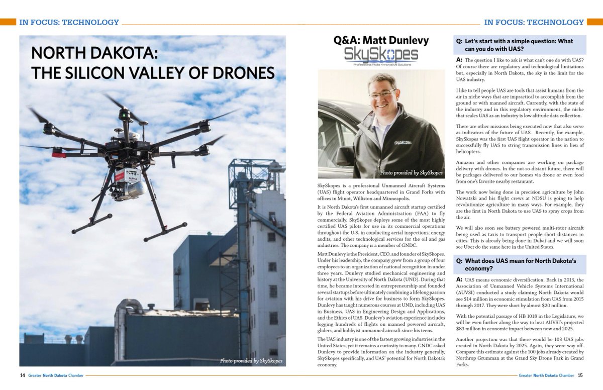 SkySkopes (@skyskopes) on Twitter photo It's great to see a <a href="/SkySkopes/">SkySkopes</a> #UAS flying in the North Dakota as the "Silicon Valley of Drones" Photo! The <a href="/nodakchamber/">Greater North Dakota Chamber</a> Magazine put out an excellent article on us today. The articles on <a href="/BNSFRailway/">BNSF Railway</a> <a href="/xcelenergy/">Xcel Energy</a> UAS are also great!
See the Article here: lnkd.in/gbz_rAy It's great to see a <a href="/SkySkopes/">SkySkopes</a> #UAS flying in the North Dakota as the "Silicon Valley of Drones" Photo! The <a href="/nodakchamber/">Greater North Dakota Chamber</a> Magazine put out an excellent article on us today. The articles on <a href="/BNSFRailway/">BNSF Railway</a> <a href="/xcelenergy/">Xcel Energy</a> UAS are also great!
See the Article here: lnkd.in/gbz_rAy