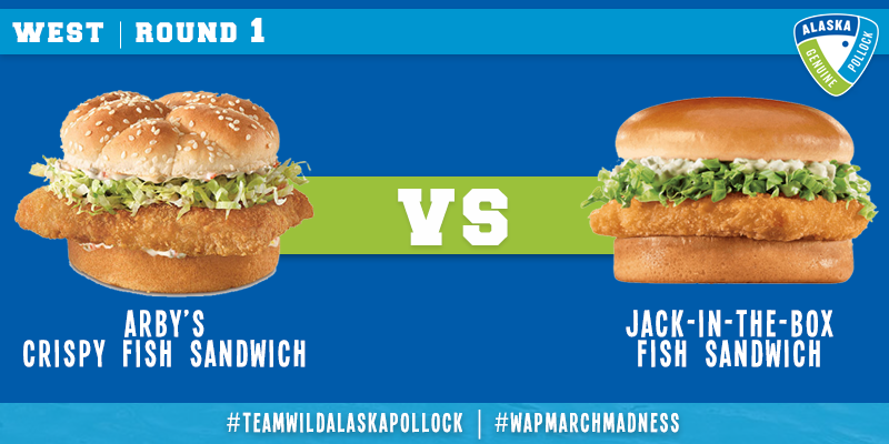 wildAKpollock's tweet photo. In honor of the #MarchMadness West matchup tonight, @JackBox Fish Sandwich and @Arbys Fish Sandwich face off in an epic duel for Wild Alaska Pollock goodness and ultimate bragging rights! You decide (#poll in the reply) #TWAPMarchMadness #WAPfor40 #TeamWildAlaskaPollock https://t.co/VKjG6Q6rt0