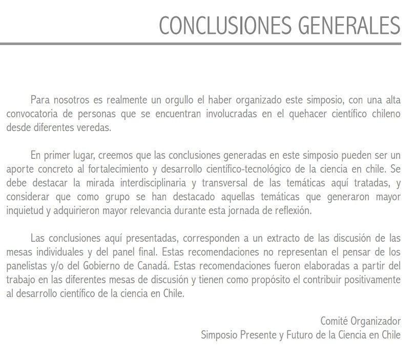 ChileEci's tweet photo. Llegó el día: Los invitamos a leer las conclusiones de #Simposio #ECR  #ChileEci2019 #Sciencemadeinchile https://t.co/38PXBnAjYY @EmbCanChile @MitacsCanada @uautonomachile @min_ciencia @CienciaMilenio @Mineduc @BEaTSResearch #Caldo @Chile_Global @MarcaChile https://t.co/ZAKrdnvqoY