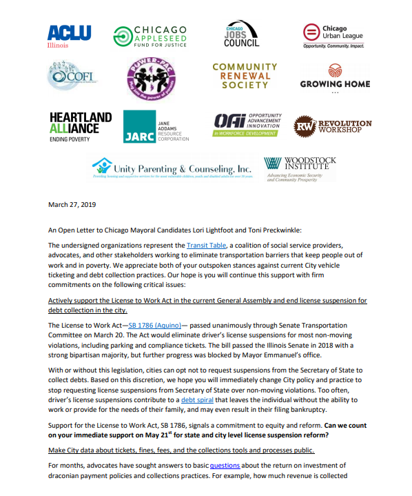 JARC_Chicago's tweet photo. We’re working to improve transportation access and equity for job seekers and low income people in Chicago and across Illinois. We sent an open letter to the Chicago mayoral candidates regarding Driver’s License suspension as a burdensome penalty. #transittable #transportation https://t.co/pwDAgaFX9M