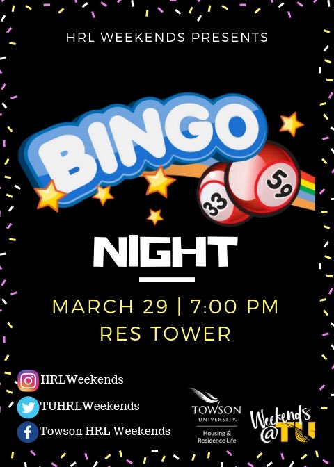 HRLWeekends's tweet photo. Bingo Night is back and better π€© join us THIS FRIDAY, April 6, for a night of great prizes and a good time! See you at 7 in Res Tower π± #HRLWeekends https://t.co/y9mHAgLmUr