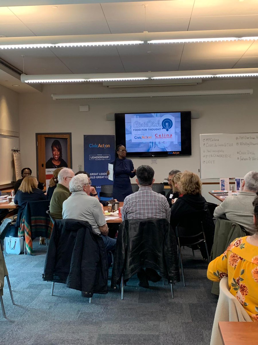 CivicActionCA's tweet photo. At our Whitby #CivicDish a talented slate of speakers are talking the future of work. Incl: 

Jason Atkins of @360insights
Shenelle Payne Cuffy of @UOIT
Karey Ann Large of @WhitbyDowntown
Tonya DeJong of @JHSDurhamRegion
Isaac Wanzama of @gspkCOMMERCE 
All moderated by @MPCelina https://t.co/auoq7ccto8