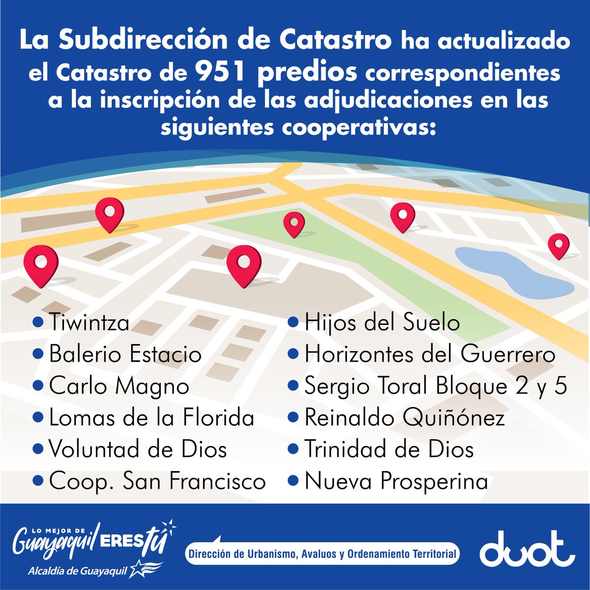 ¡Actualizamos los predios catastrados! 
Este proceso de regularización garantiza que la obra llegue a estas zona, pues desde ahora son parte del inventario actualizado del Municipio de Guayaquil. #LaDuottrabajaparati #LomejordeGuayaquilerestú