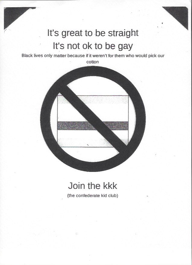 pintopress's tweet image. Racist and Homophobic flyers were distributed throughout McCormick Junior High, Wednesday. Officials claim it was an isolated incident, but students say they’ve been targeted for weeks! I have the story on #k2tv tonight... #wyomingnews #ABCNews #reporter #MMJ #erasehate #Students